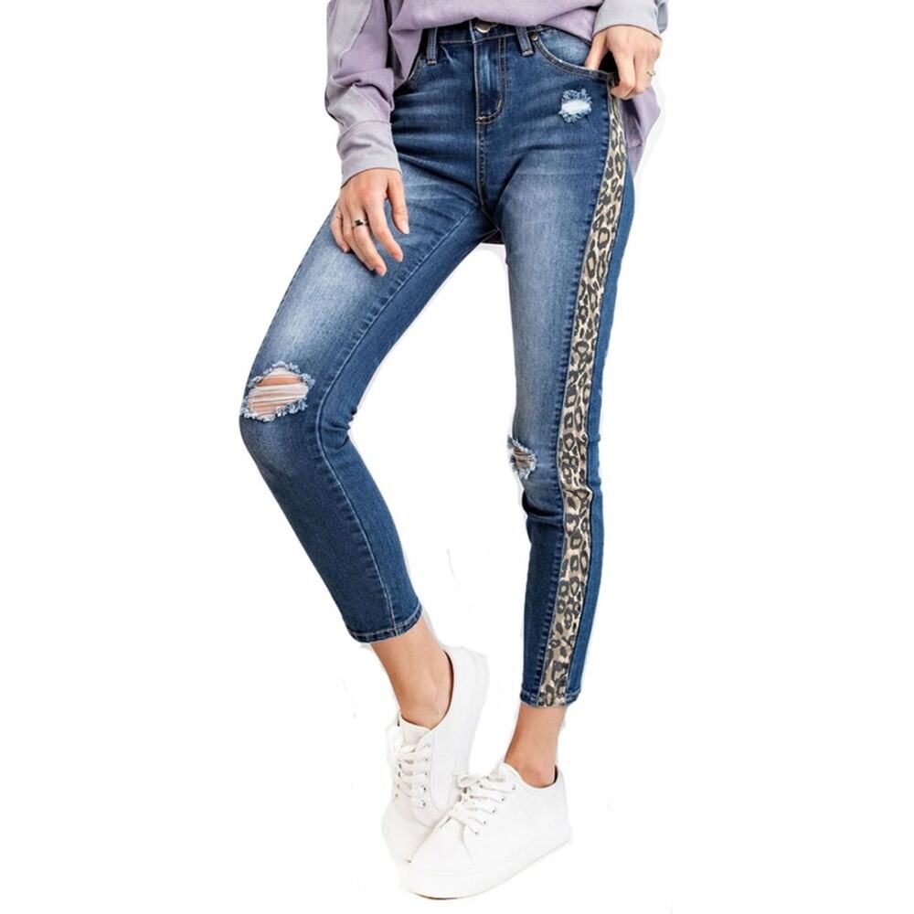 EASEL Women's Denim Jeans with Leopard Print Side Detail M